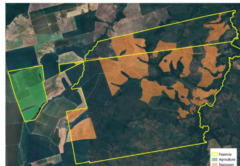 Mapa georreferenciado do perímetro das propriedades, com áreas de agricultura e pastagem